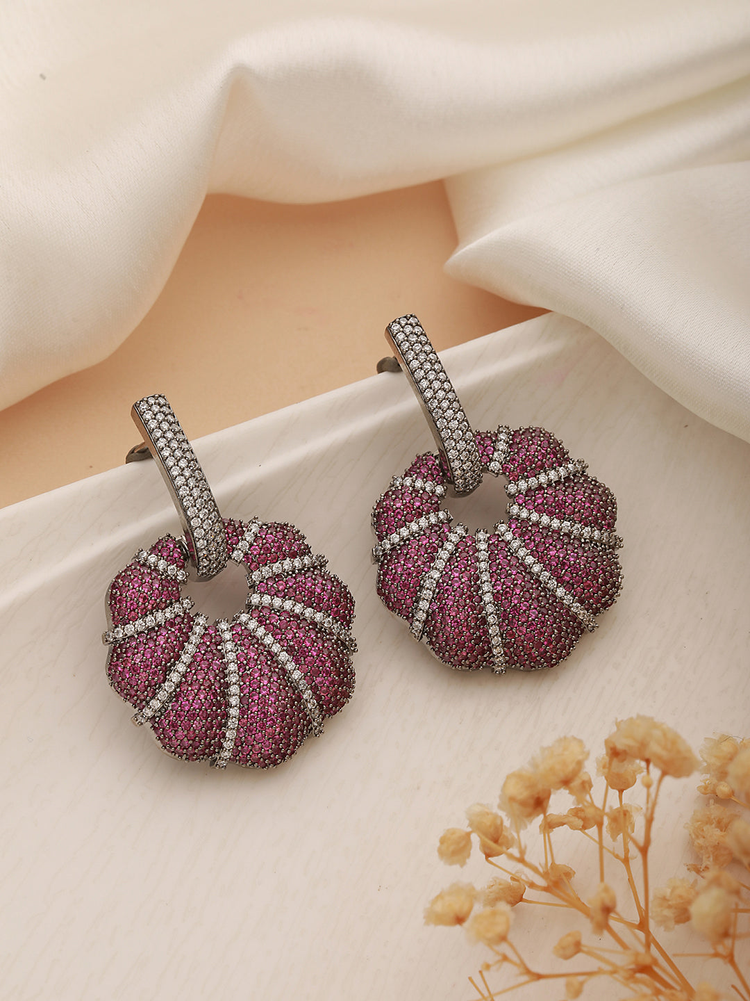 Silver Toned Red AD Studded Designer Luxe Floral Chandelier Hoop Earrings